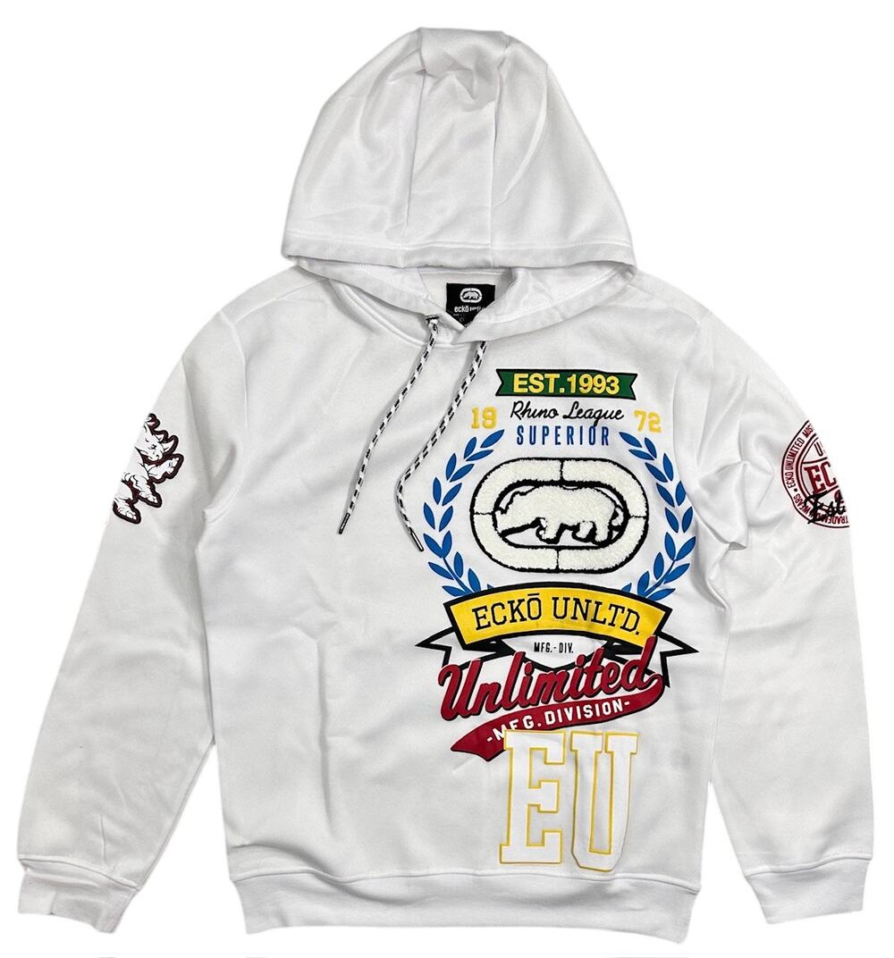Ecko Unltd Men's Sherpa Rhino Logo White Pullover Fleece Hoodie